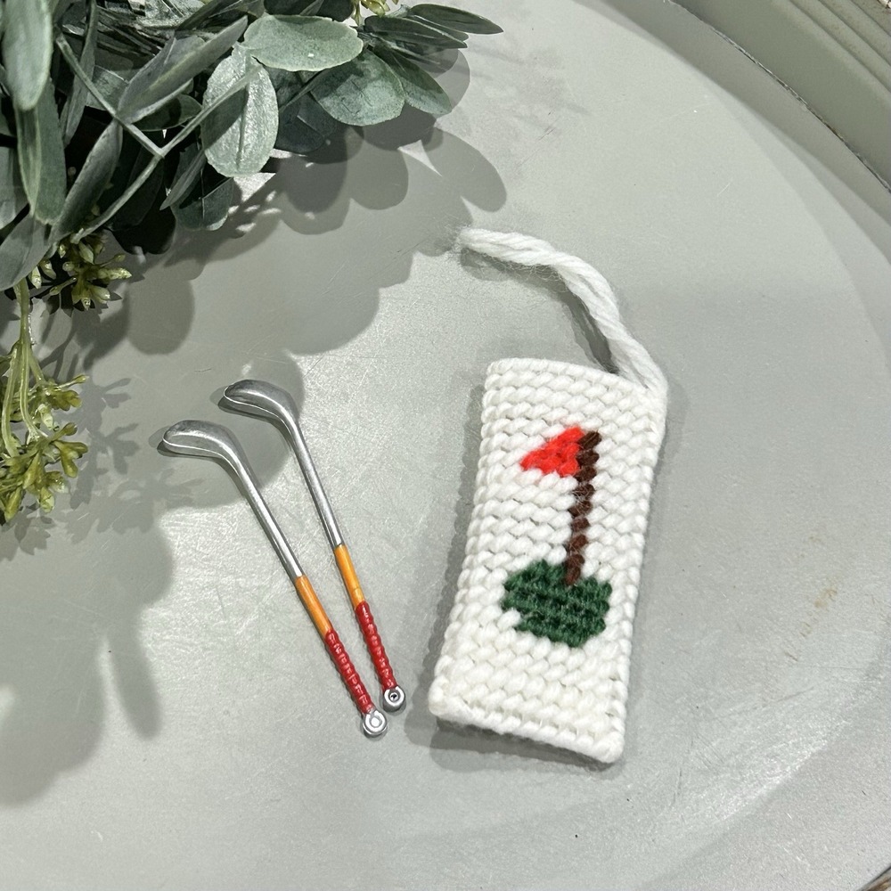 Vintage Christmas Ornament Cross Stitch Yarn Golf Bag Clubs Flag 3.5"